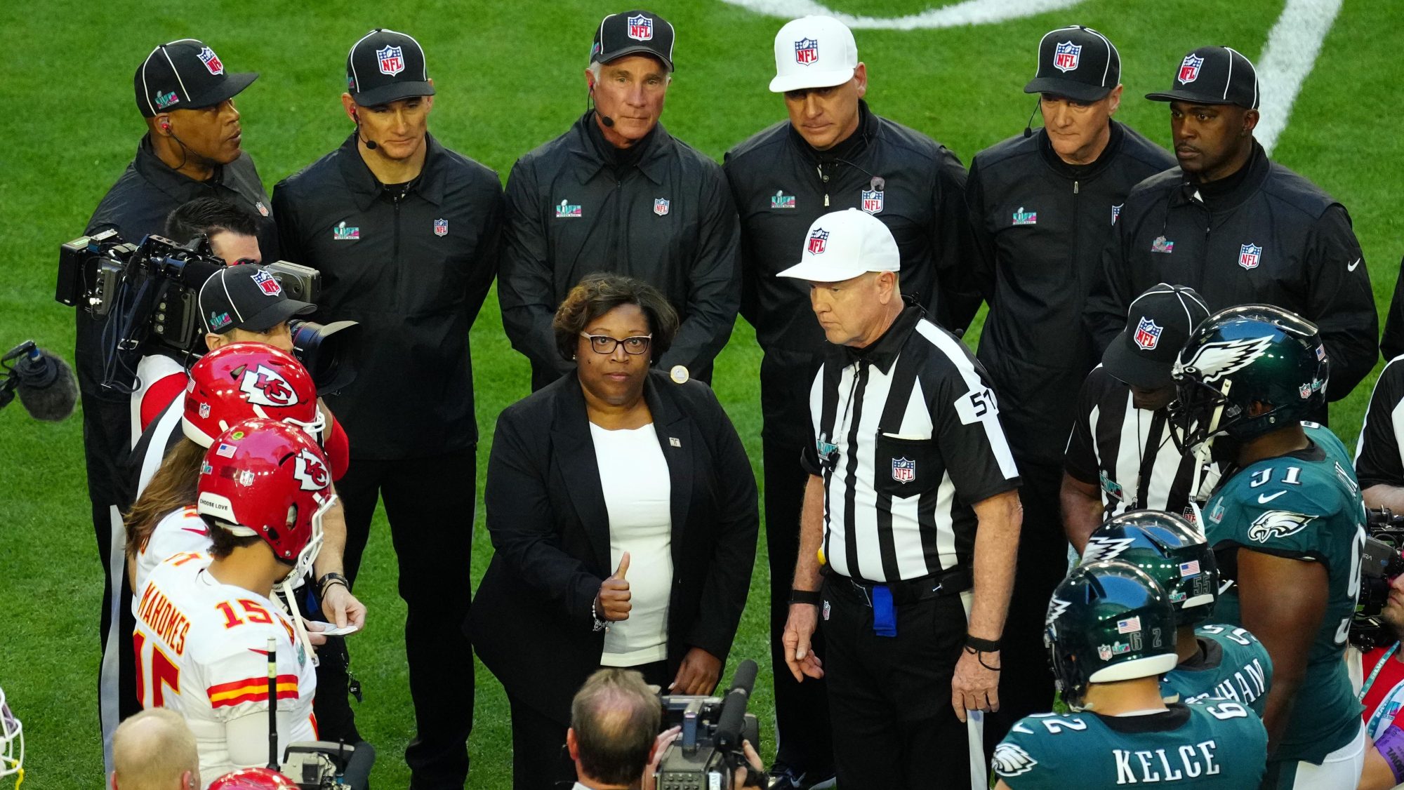 Feb 12, 2023; Glendale, AZ, USA; General view of the coin toss in Super Bowl LVII between the Kansas City Chiefs and Philadelphia Eagles at State Farm Stadium.