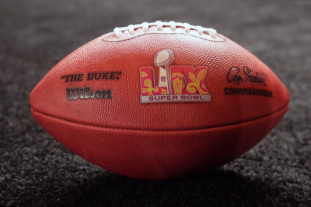 Feb 12, 2024; Las Vegas, NV, USA; A Wilson official Duke football with Super Bowl 59 LIX logo at the Super Bowl Host Committee Handoff press conference at the Super Bowl LVIII media center at the Mandalay Bay North Convention Center.