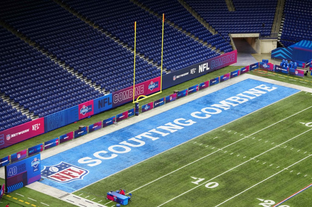 Feb 28, 2024; Indianapolis, IN, USA; The 2024 NFL Scouting Combine logo in the end zone at Lucas Oil Stadium.