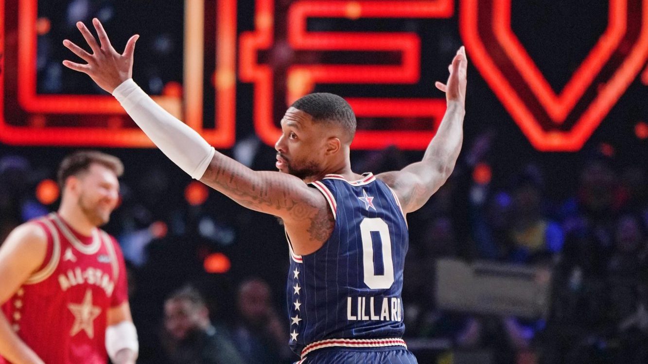 Feb 18, 2024; Indianapolis, Indiana, USA; Eastern Conference guard Damian Lillard (0) of the Milwaukee Bucks reacts after a play during the second half of the 73rd NBA All Star game at Gainbridge Fieldhouse.