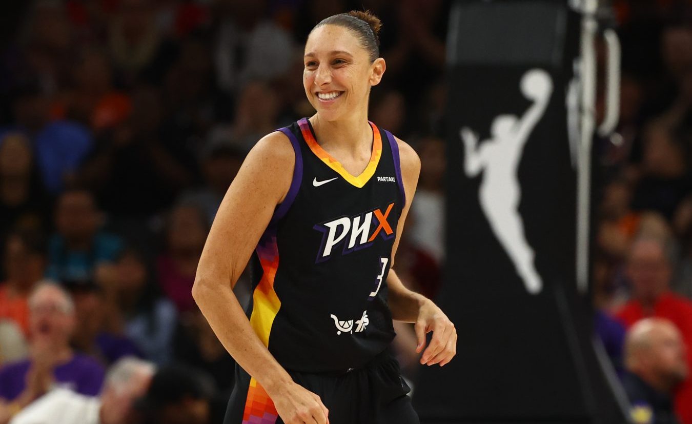 Jun 30, 2024; Phoenix, Arizona, USA; Phoenix Mercury guard Diana Taurasi (3) reacts against the Indiana Fever at Footprint Center.