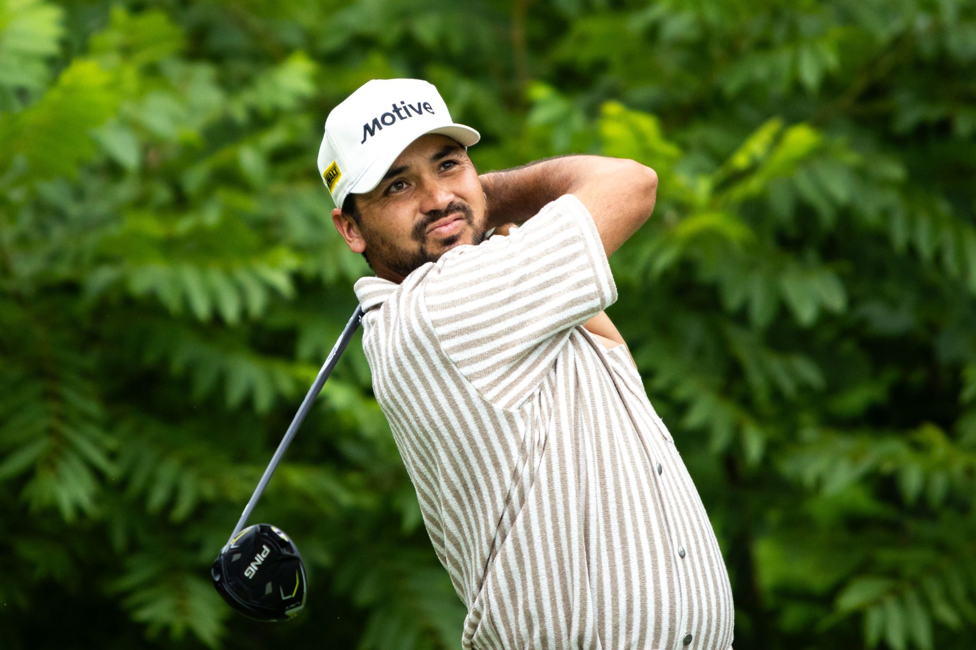 Jul 7, 2024; Silvis, Illinois, USA; Jason Day hits his tee shot on the second hole during the final round of the John Deere Classic golf tournament.