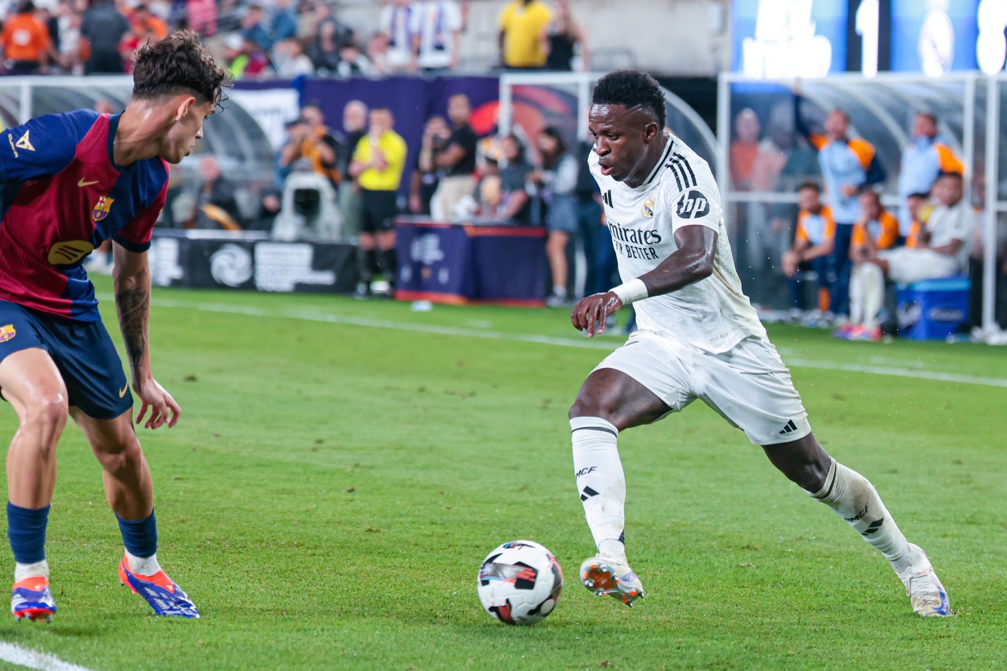 Aug 3, 2024; East Rutherford, NJ, USA; Real Madrid forward Vinicius Junior (7) in action during the second half against Barcelona at MetLife Stadium.