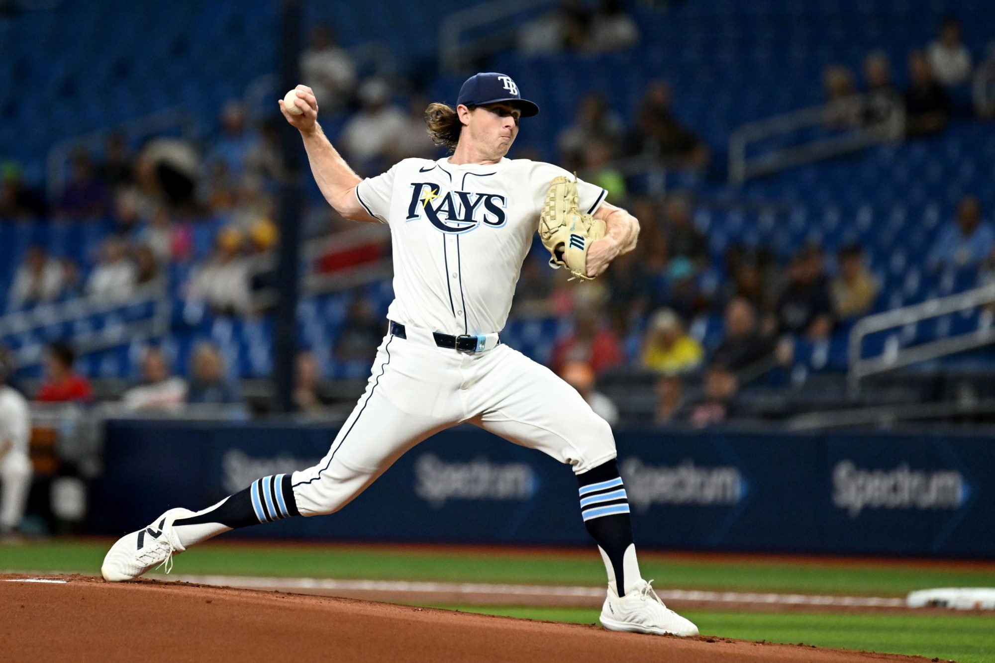 Sep 18, 2024; St. Petersburg, Florida, USA; Tampa Bay Rays starting pitcher Ryan Pepiot (44) throws a pitch in the first inning against the Boston Red Sox at Tropicana Field.