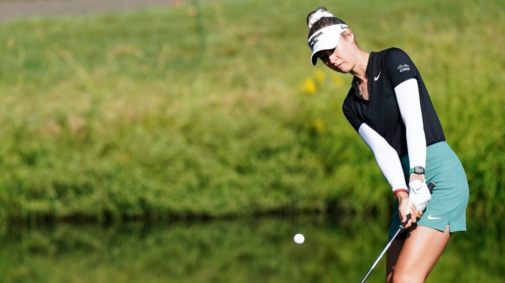 Nelly Korda hits the ball in the third hole during the 2024 Kroger Queen City Championships, Saturday, Sept. 21, 2024, at TPC River Bend golf course in Maineville, Ohio.