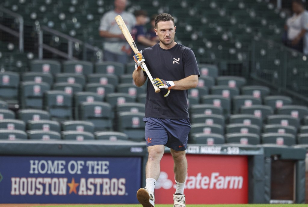 Sep 22, 2024; Houston, Texas, USA; Houston Astros third baseman Alex Bregman (2) walks on the field before the game against the Los Angeles Angels at Minute Maid Park.