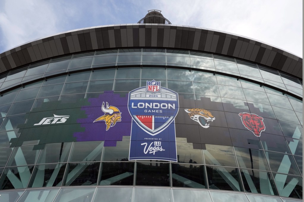 Oct 13, 2024; London, United Kingdom; The 2024 NFL London Games, New York Jets, Minnesota Vikings, Jacksonville Jaguars and Chicago Bears logo on the facade at an NFL International Series game at Tottenham Hotspur Stadium.