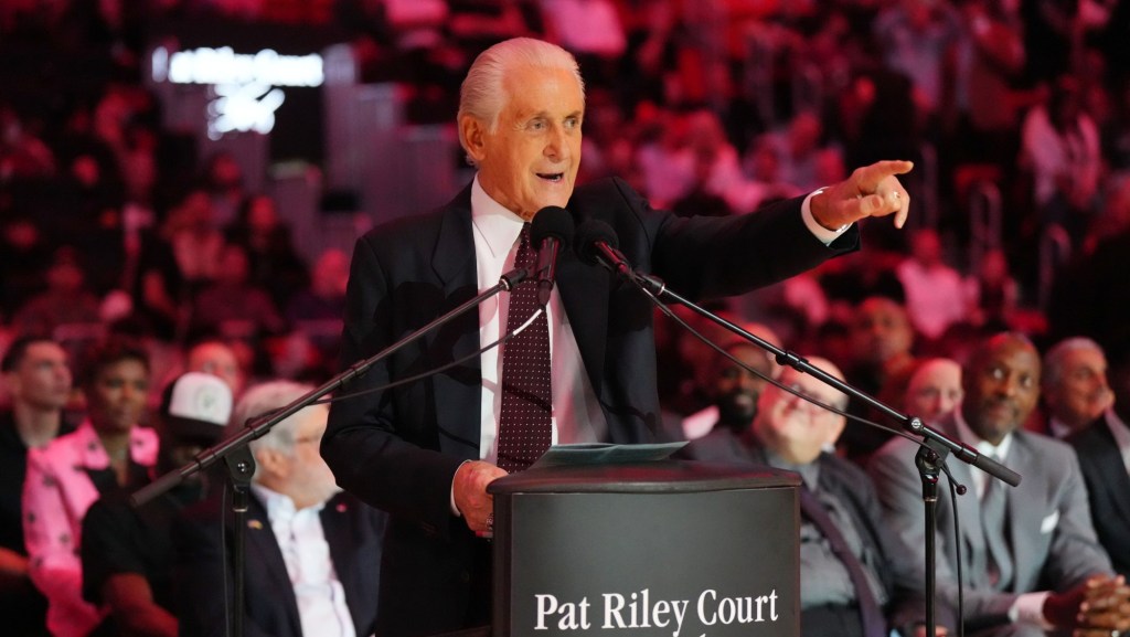 Oct 23, 2024; Miami, Florida, USA; Miami Heat president Pat Riley addresses the crowd during the Pat Riley Court dedication ceremony at halftime at Kaseya Center.