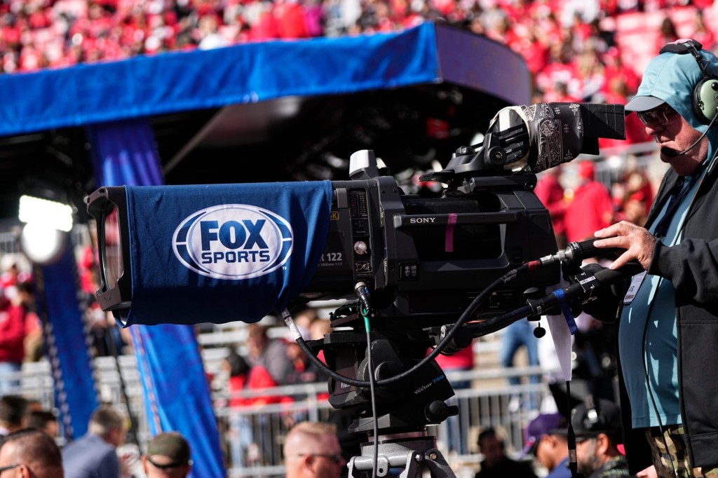 A Fox Sports camera records on the sideline prior to the NCAA football game between the Ohio State Buckeyes and the Nebraska Cornhuskers at Ohio Stadium in Columbus on Saturday, Oct. 26, 2024.