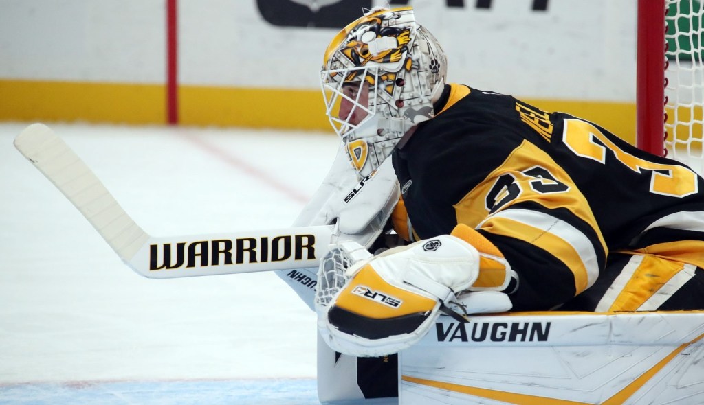 Nov 2, 2024; Pittsburgh, Pennsylvania, USA; Pittsburgh Penguins goaltender Alex Nedeljkovic (39) stretches during a time-out against the Pittsburgh Penguins in the second period at PPG Paints Arena