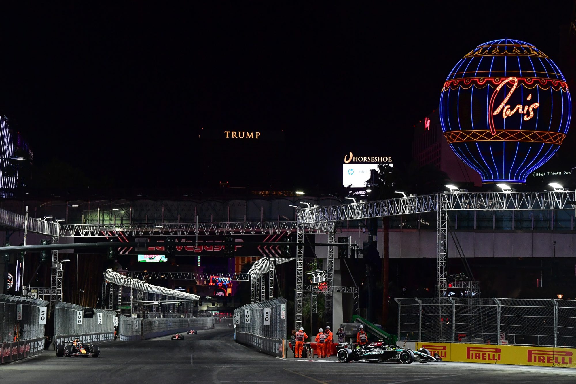 Nov 23, 2024; Las Vegas, Nevada, USA; Mercedes AMG Petronas driver Lewis Hamilton (44) leads Oracle Red Bull Racing driver Max Verstappen (1) during the Las Vegas Grand Prix at Las Vegas Circuit.