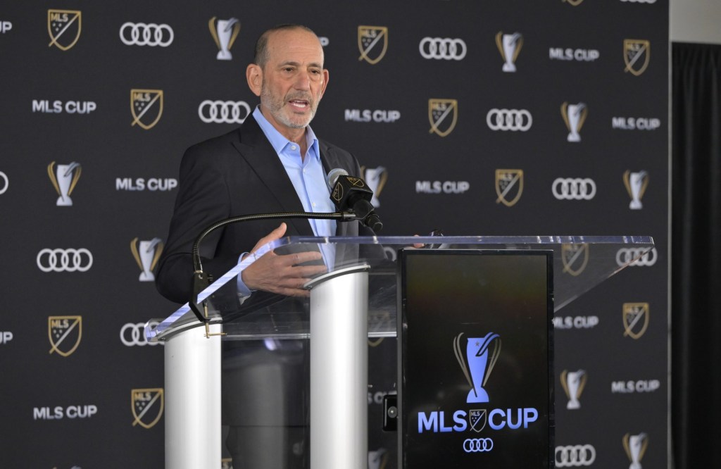 Dec 6, 2024; Carson, California, USA; MLS commissioner Don Garber gives the State of the League Address at Dignity Health Sports Park.