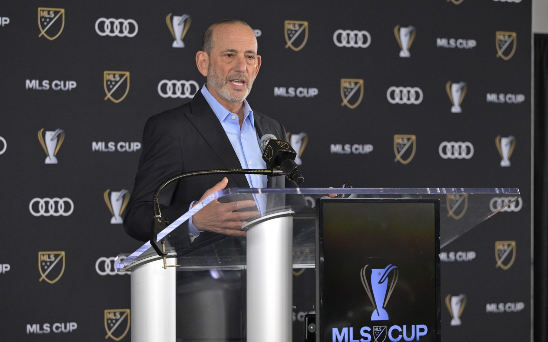 Dec 6, 2024; Carson, California, USA; MLS commissioner Don Garber gives the State of the League Address at Dignity Health Sports Park.