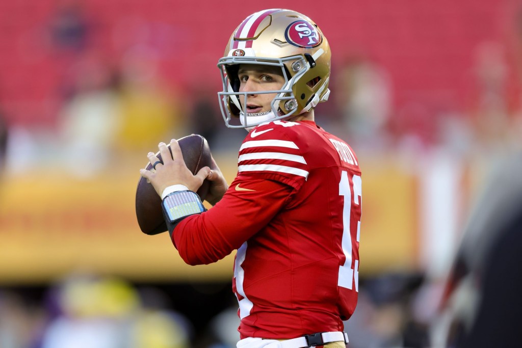 Dec 30, 2024; Santa Clara, California, USA; San Francisco 49ers quarterback Brock Purdy (13) before the game against the Detroit Lions at Levi's Stadium.