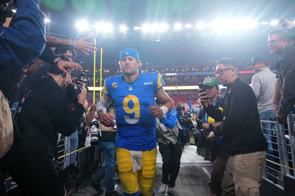 Jan 13, 2025; Glendale, AZ, USA; Los Angeles Rams quarterback Matthew Stafford (9) reacts after the NFC wild card game against the Minnesota Vikings at State Farm Stadium.