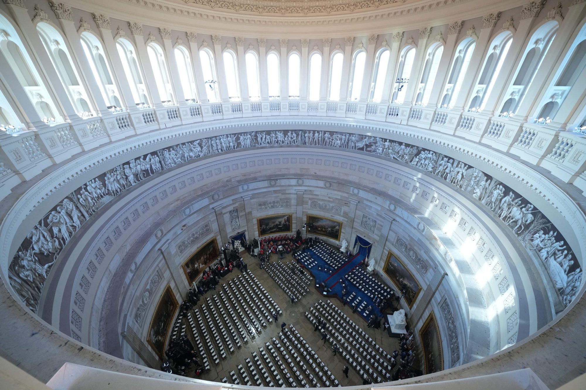 Jan 20, 2025; Washington, DC, USA; Seats in Rotunda remain empty ahead of the Inauguration of U.S. President-elect Donald Trump at the U.S. Capitol on January 20, 2025 in Washington, DC. Donald Trump takes office for his second term as the 47th president of the United States.