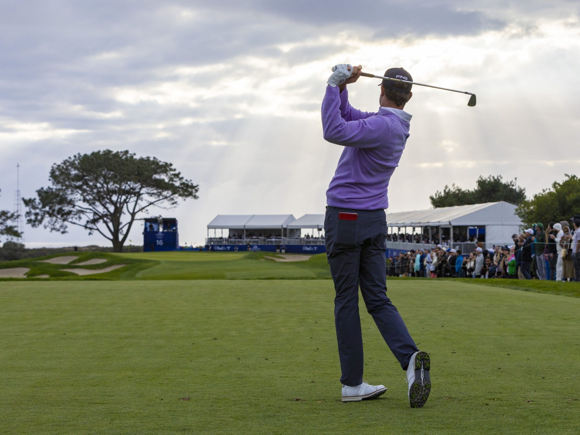 Jan 25, 2025; San Diego, California, USA; Harris English plays his shot from the 16th tee during the final round of the Farmers Insurance Open golf tournament at Torrey Pines Municipal Golf Course - South Course.