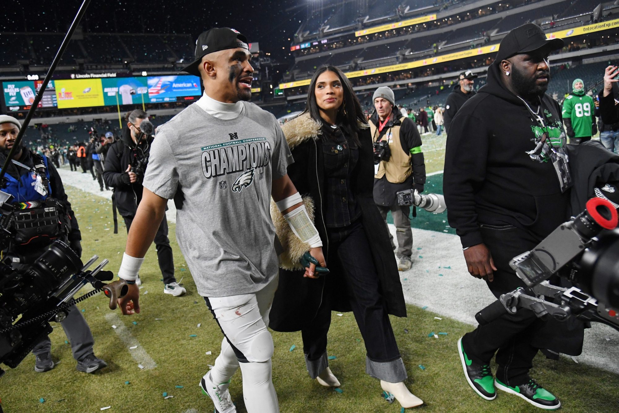 Jan 26, 2025; Philadelphia, PA, USA; Philadelphia Eagles quarterback Jalen Hurts (1) walks off the field after winning the NFC Championship game against the Washington Commanders at Lincoln Financial Field.