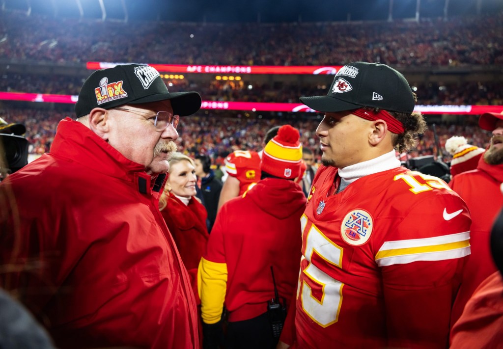 Jan 26, 2025; Kansas City, MO, USA; Kansas City Chiefs head coach Andy Reid (left) with quarterback Patrick Mahomes (15) after defeating the Buffalo Bills in the AFC Championship game at GEHA Field at Arrowhead Stadium.