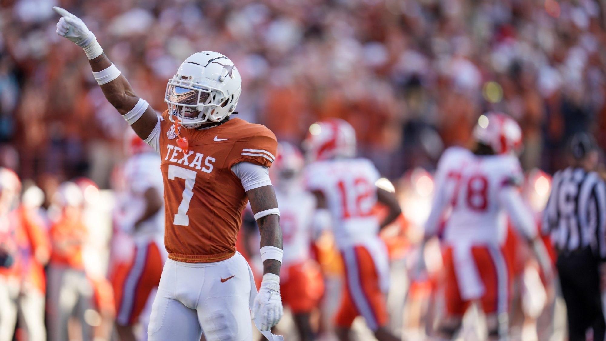 Texas Longhorns defensive back Jahdae Barron celebrates a turnover against Clemson Tigers in thein the first round of the NCAA College Football Playoffs on Dec. 21, 2024, at Darrell K Royal Texas Memorial Stadium in Austin, Texas.