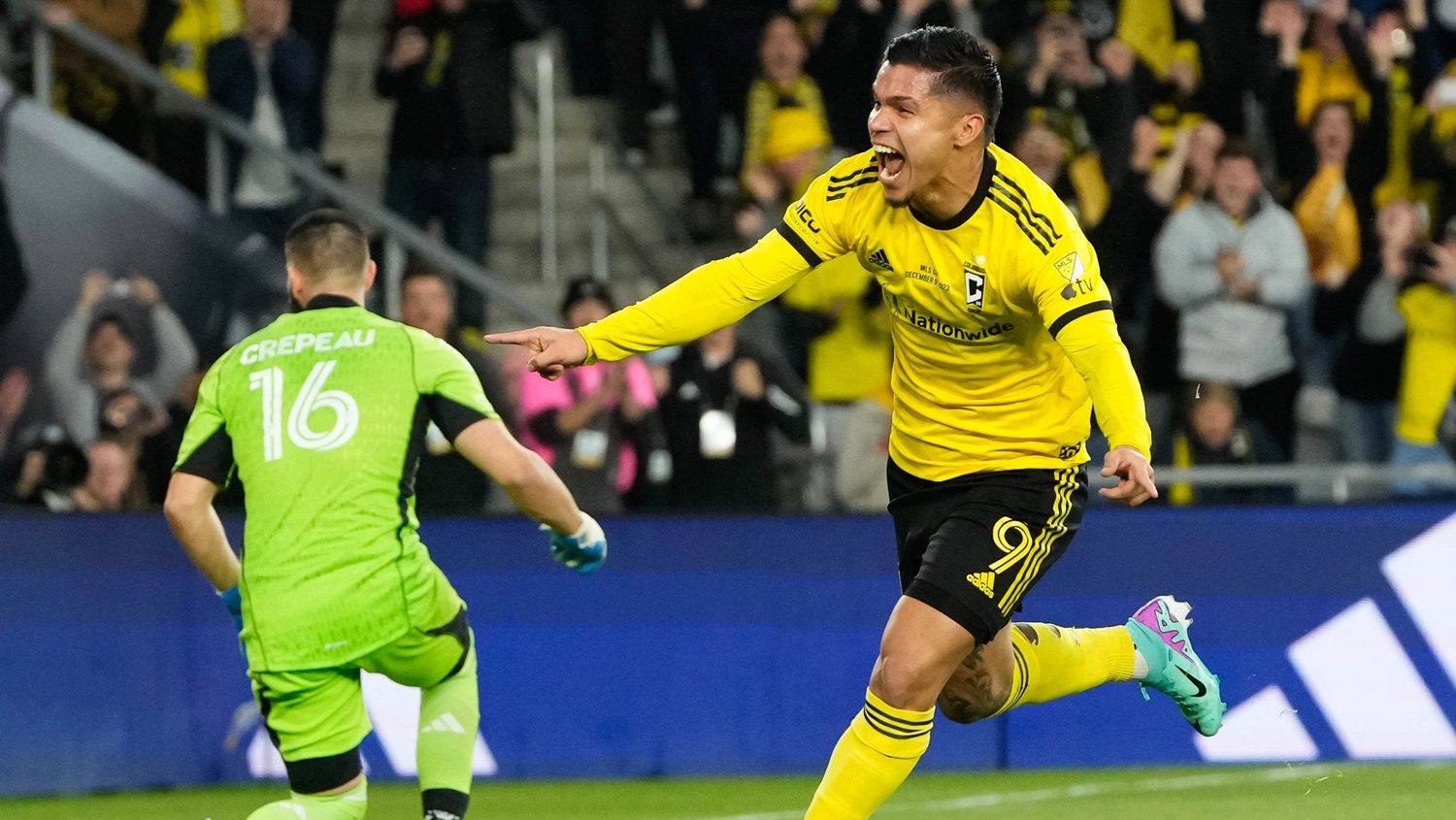 Dec 9, 2023; Columbus, OH, USA; Columbus Crew forward Cucho Hernandez (9) celebrates scoring a goal in front of Los Angeles FC goalkeeper Maxime Crepeau (16) during the MLS Cup final at Lower.com Field.