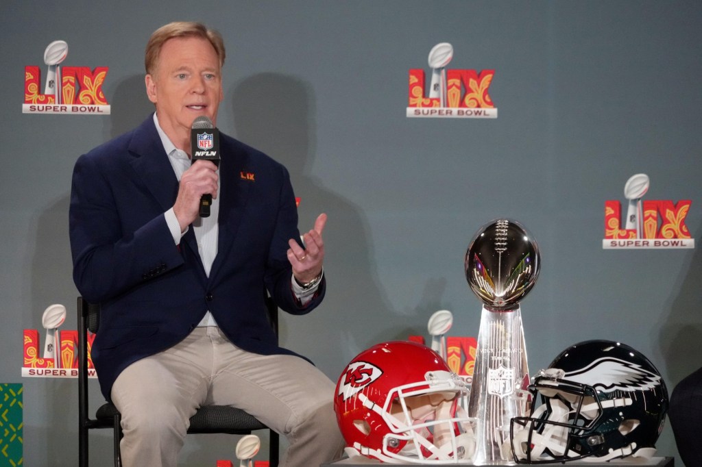 Feb 3, 2025; New Orleans, LA, USA; NFL commissioner Roger Goodell speaks during a press conference ahead of Super Bowl LIX at New Orleans Saints Locker Room.