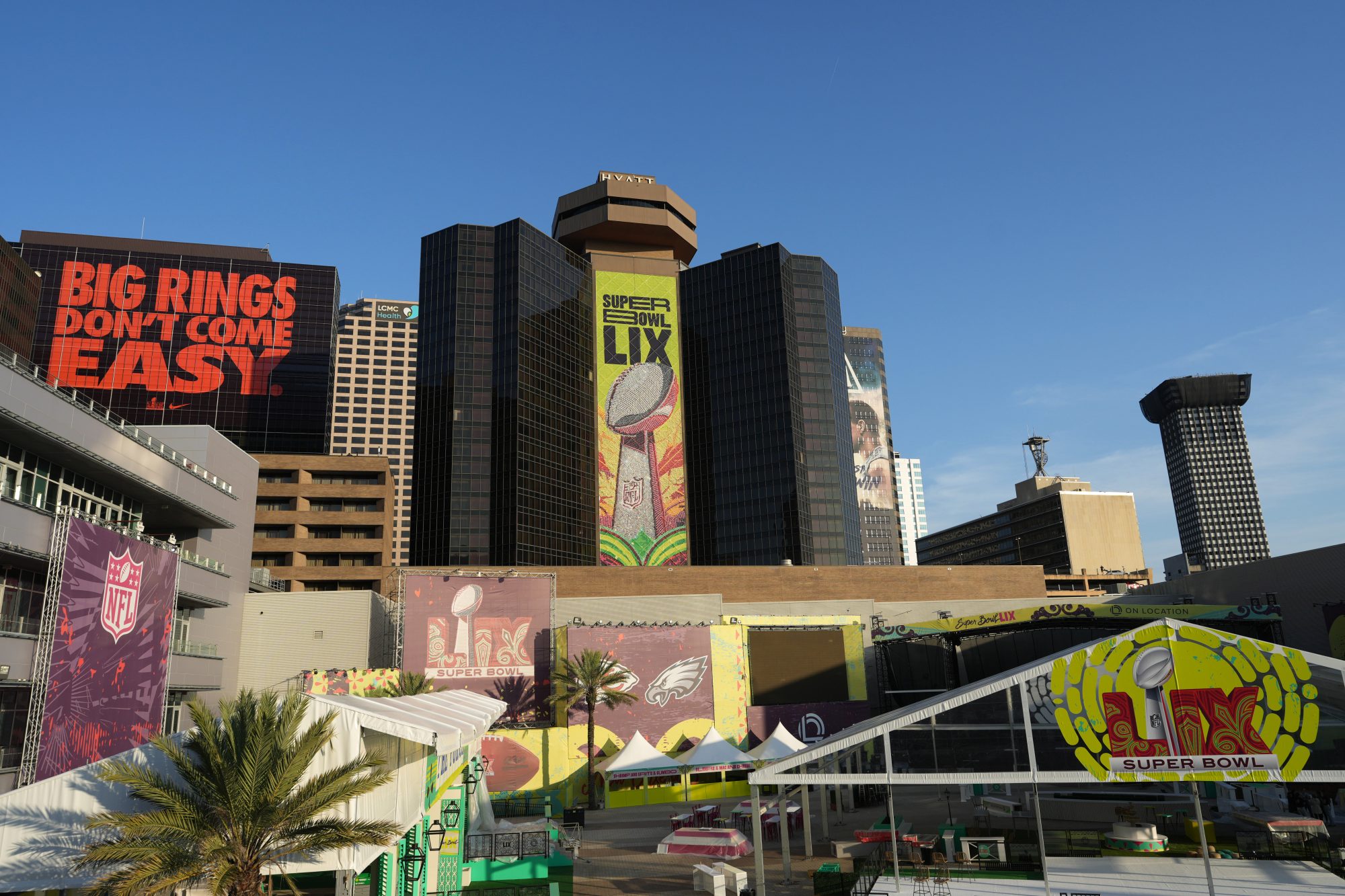 Feb 3, 2025; New Orleans, LA, USA; Super Bowl LIX signage at the Hyatt Hotel.