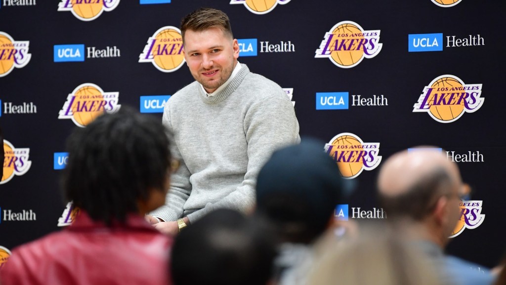 Feb 4, 2025; El Segundo, CA, USA; Los Angeles Lakers guard Luka Doncic is introduced at UCLA Health Training Center.