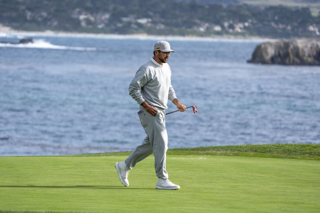 February 2, 2025; Pebble Beach, California, USA; Jason Day on the 18th hole during the final round of the AT&T Pebble Beach Pro-Am golf tournament at Pebble Beach Golf Links. 