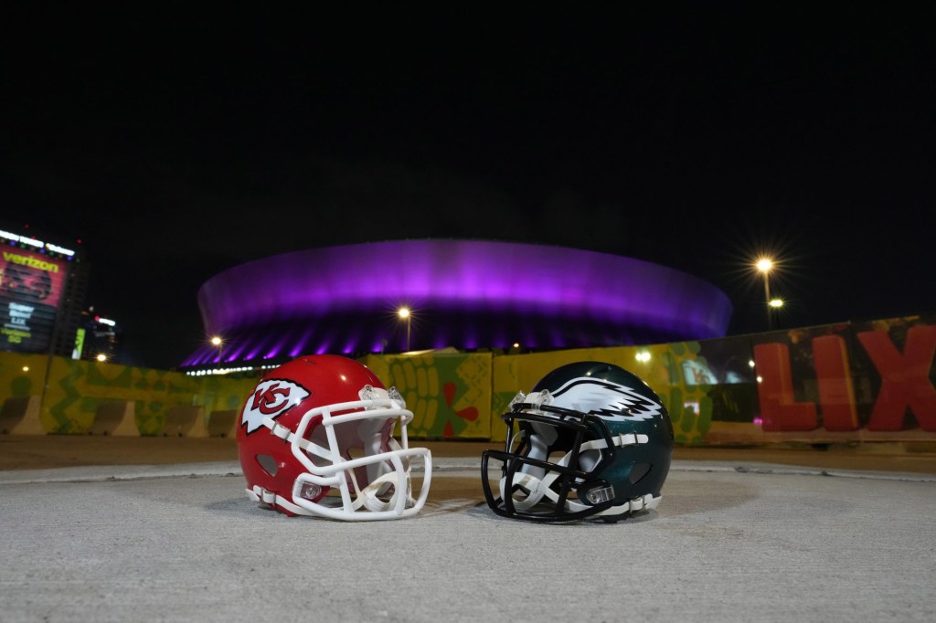 Feb 5, 2025; New Orleans, LA, USA; Kansas City Chiefs and Philadelphia Eagles helmets at the Caesars Superdome prior to Super Bowl LIX.