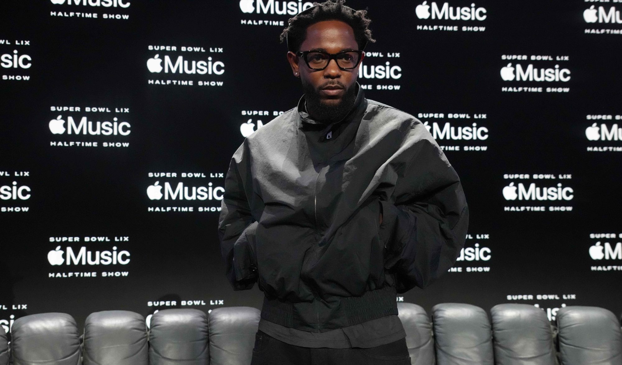 Feb 6, 2025; New Orleans, LA, USA; Recording artist Kendrick Lamar poses for a photo during a press conference for the Super Bowl LIX Halftime Show at Media Center