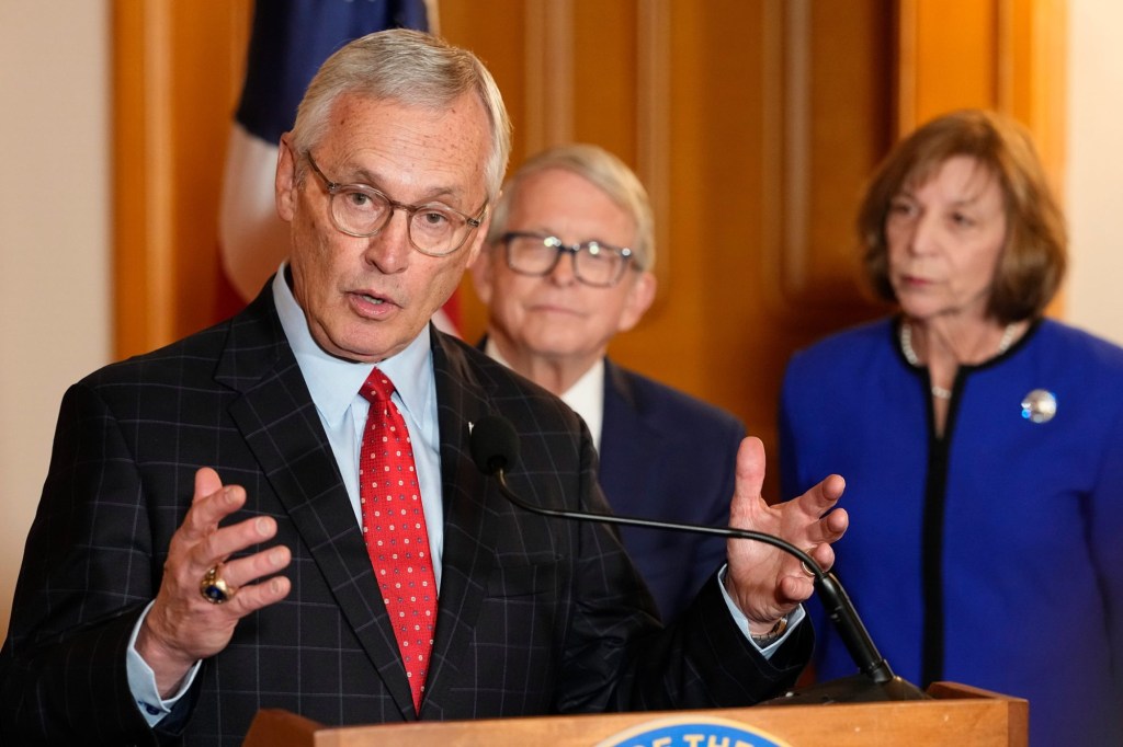 Former Ohio State University football coach Jim Tressel speaks after Ohio Gov. Mike DeWine picked him as lieutenant governor for the remaining two years of his term during a press conference at his office in the Ohio Statehouse in Columbus on Feb. 10, 2025.