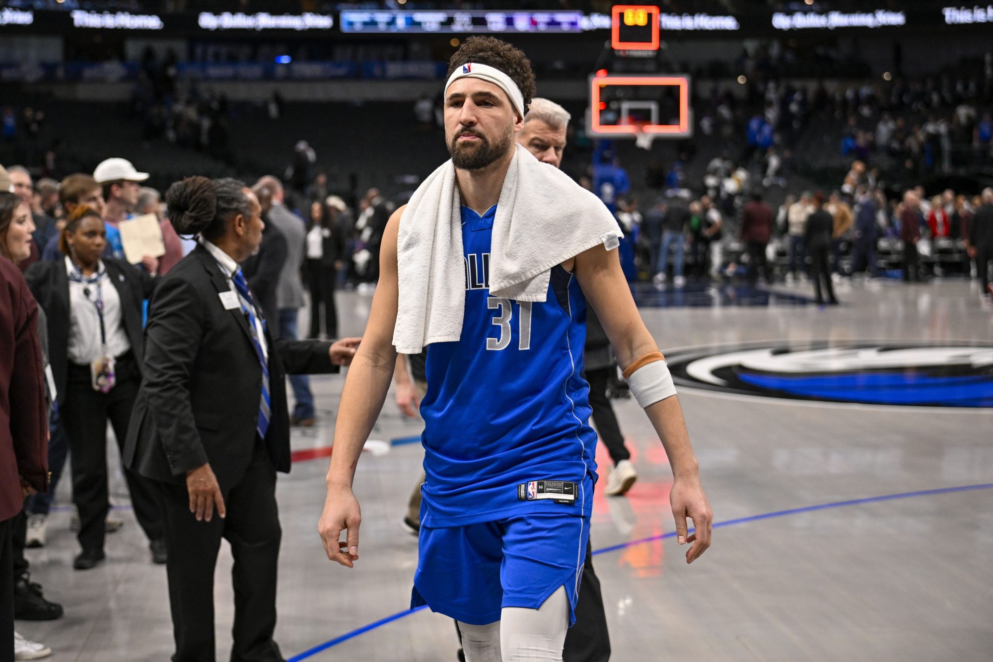 Feb 10, 2025; Dallas, Texas, USA; Dallas Mavericks guard Klay Thompson (31) walks off the court after Dallas lose to Sacramento Kings in overtime at the American Airlines Center.