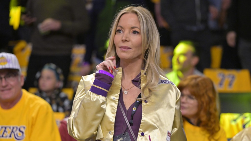 Feb 10, 2025; Los Angeles, California, USA; Owner and president of the Los Angeles Lakers Jeanie Buss attends the game against the Utah Jazz at Crypto.com arena.