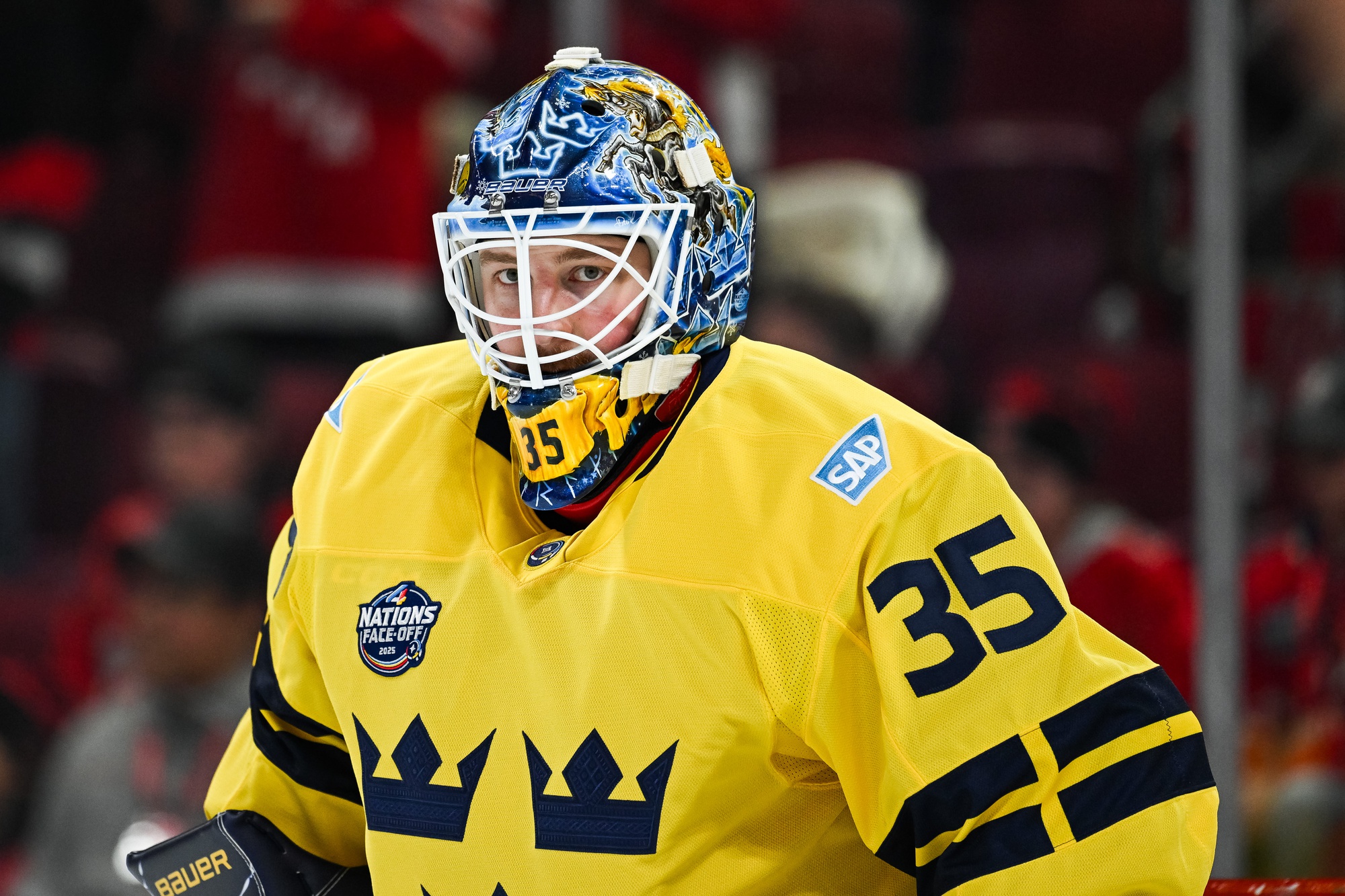 Feb 12, 2025; Montreal, Quebec, CAN; [Imagn Images direct customers only] Team Sweden goalie Linus Ullmark (35) warms-up before a game against Team Canada during a 4 Nations Face-Off ice hockey game at Bell Centre.