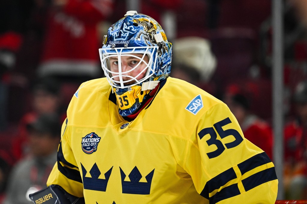 Feb 12, 2025; Montreal, Quebec, CAN; [Imagn Images direct customers only] Team Sweden goalie Linus Ullmark (35) warms-up before a game against Team Canada during a 4 Nations Face-Off ice hockey game at Bell Centre.