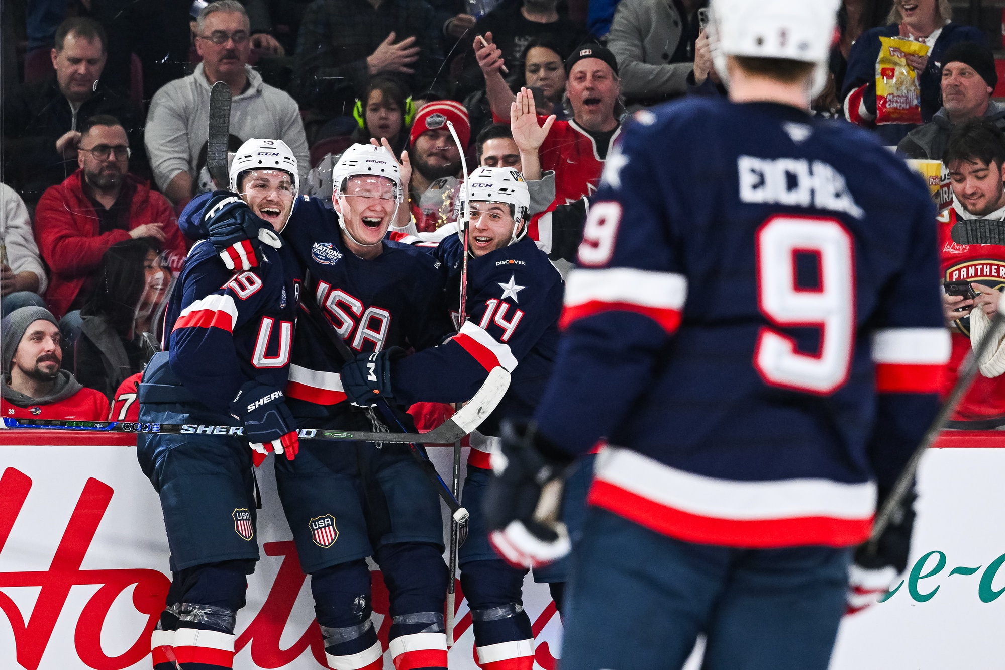 Feb 13, 2025; Montreal, Quebec, CAN; [Imagn Images direct customers only] Team USA forward Brady Tkachuk (7) celebrates with his teammates his goal against Team Finland in the third period during a 4 Nations Face-Off ice hockey game at Bell Centre