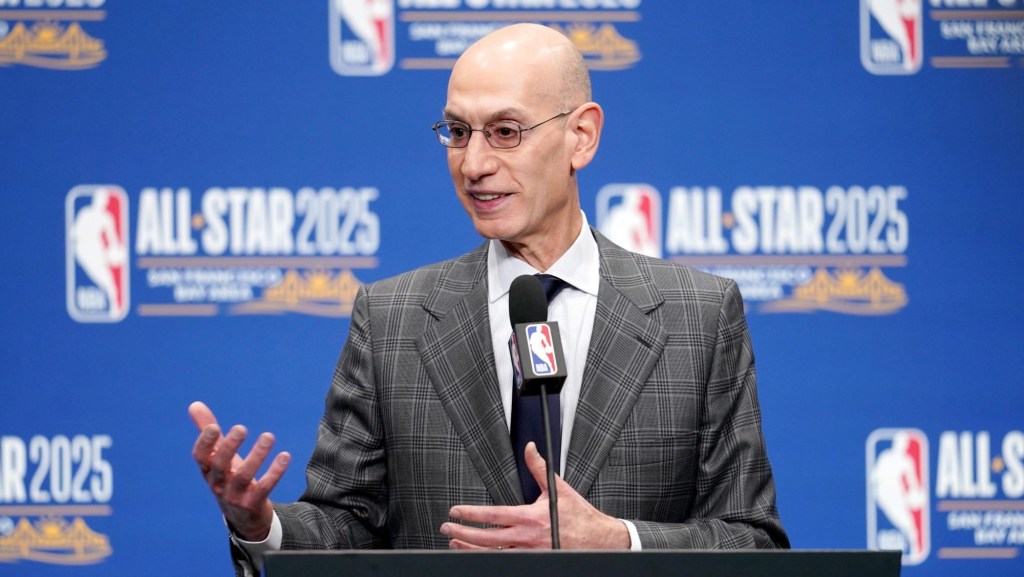 Feb 15, 2025; San Francisco, CA, USA; NBA commissioner Adam Silver speaks in a press conference during All Star Saturday Night ahead of the 2025 NBA All Star Game at Chase Center. Mandatory Credit: Cary Edmondson-Imagn Images