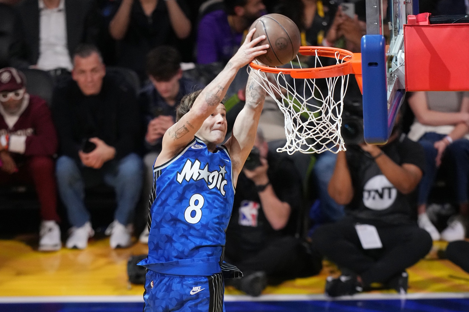 Feb 15, 2025; San Francisco, CA, USA; Osceola Magic guard Mac McClung competes in the slam dunk competition during All Star Saturday Night ahead of the 2025 NBA All Star Game at Chase Center