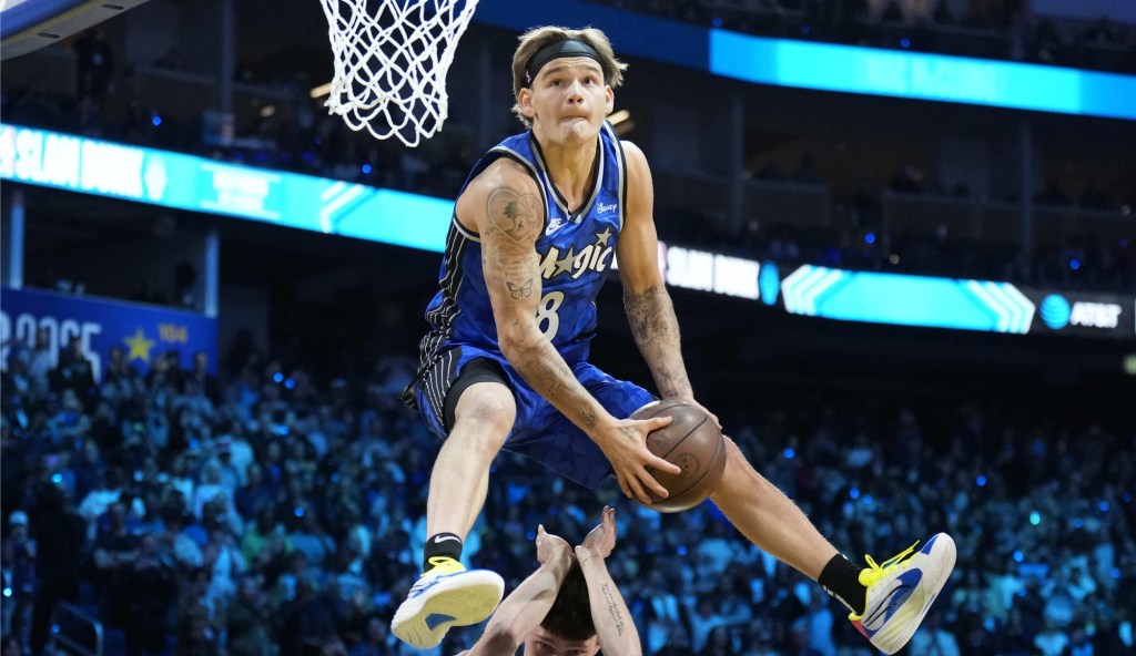 Feb 15, 2025; San Francisco, CA, USA; Osceola Magic guard Mac McClung (0) competes in the slam dunk competition during All Star Saturday Night ahead of the 2025 NBA All Star Game at Chase Center.