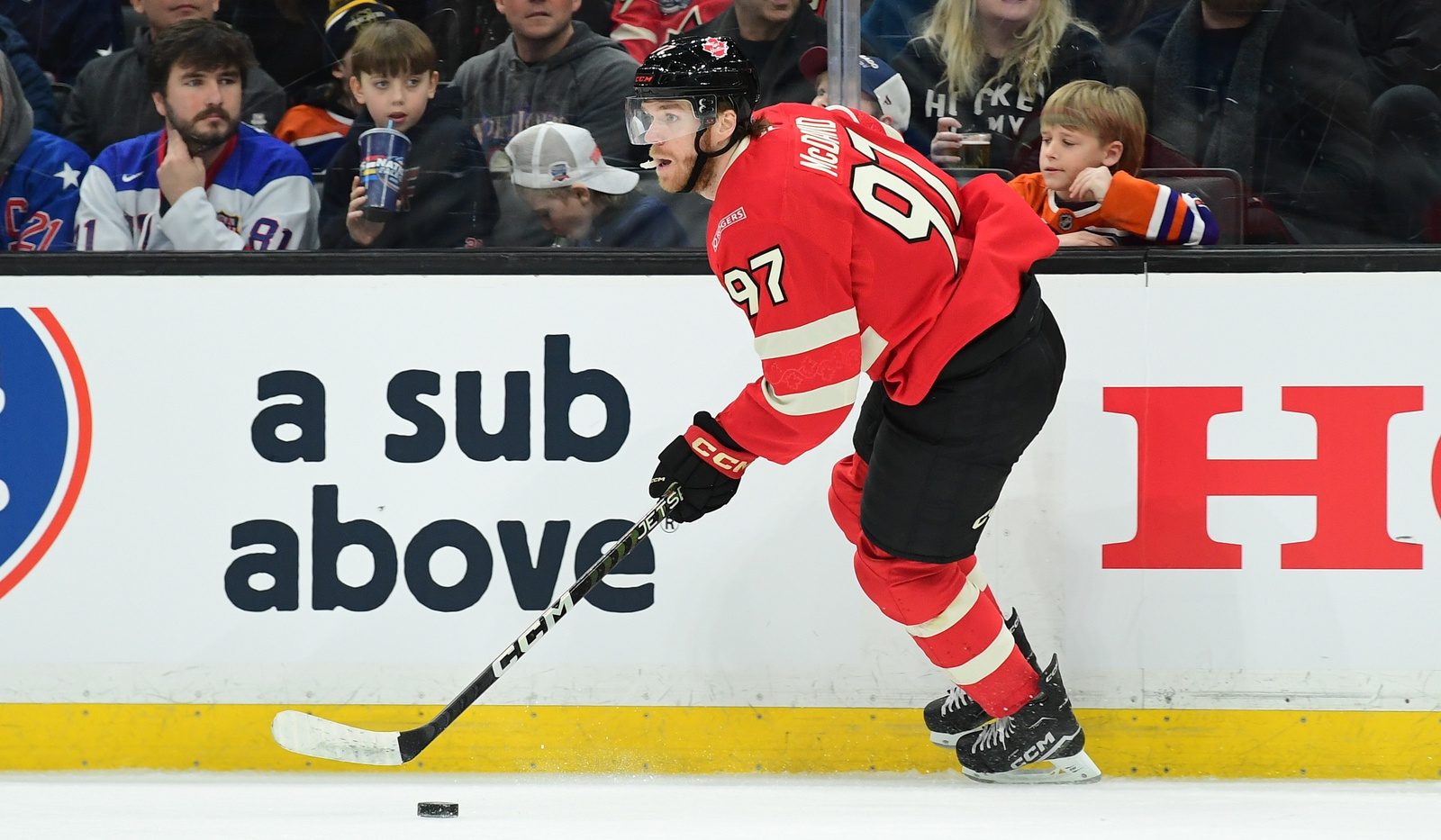 Feb 17, 2025; Boston, MA, USA; [Imagn Images direct customers only] Team Canada forward Connor McDavid (97) skates with the puck during the second period in a 4 Nations Face-Off ice hockey game against Team Finland at TD Garden