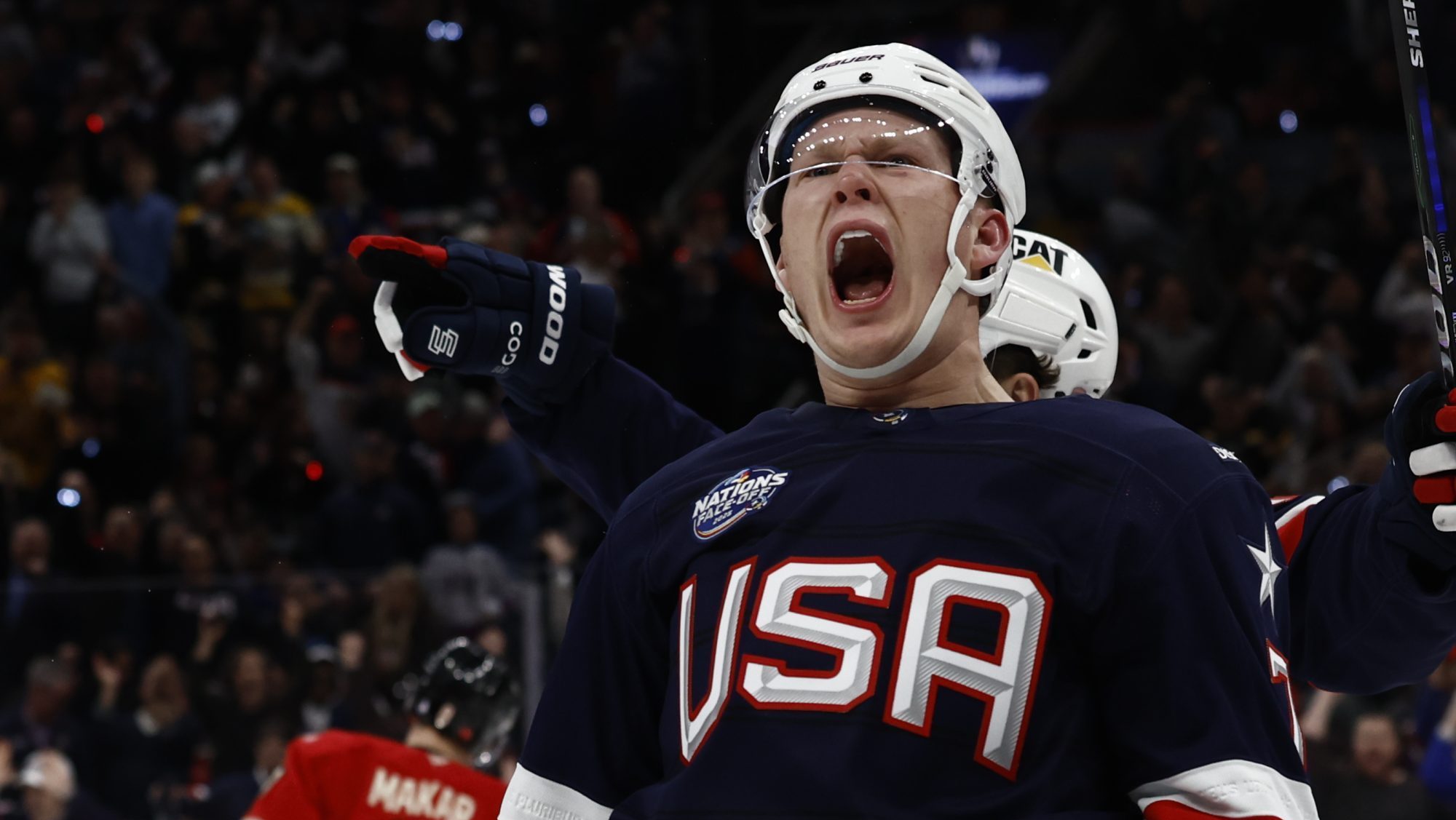 Feb 20, 2025; Boston, MA, USA; [Imagn Images direct customers only] Team USA forward Brady Tkachuk (7) celebrates scoring against Team Canada during the first period during the 4 Nations Face-Off ice hockey championship game at TD Garden.