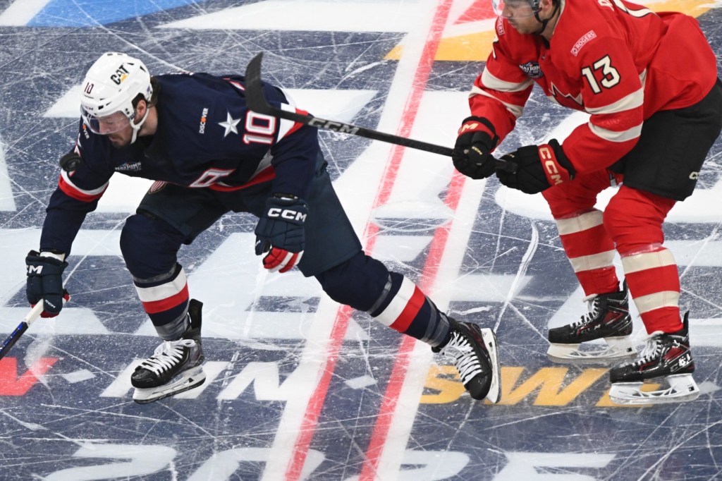 Feb 20, 2025; Boston, MA, USA; [Imagn Images direct customers only] Team USA forward Brock Nelson (29) reacts to a hit during the second period against Team Canada during the 4 Nations Face-Off ice hockey championship game at TD Garden.