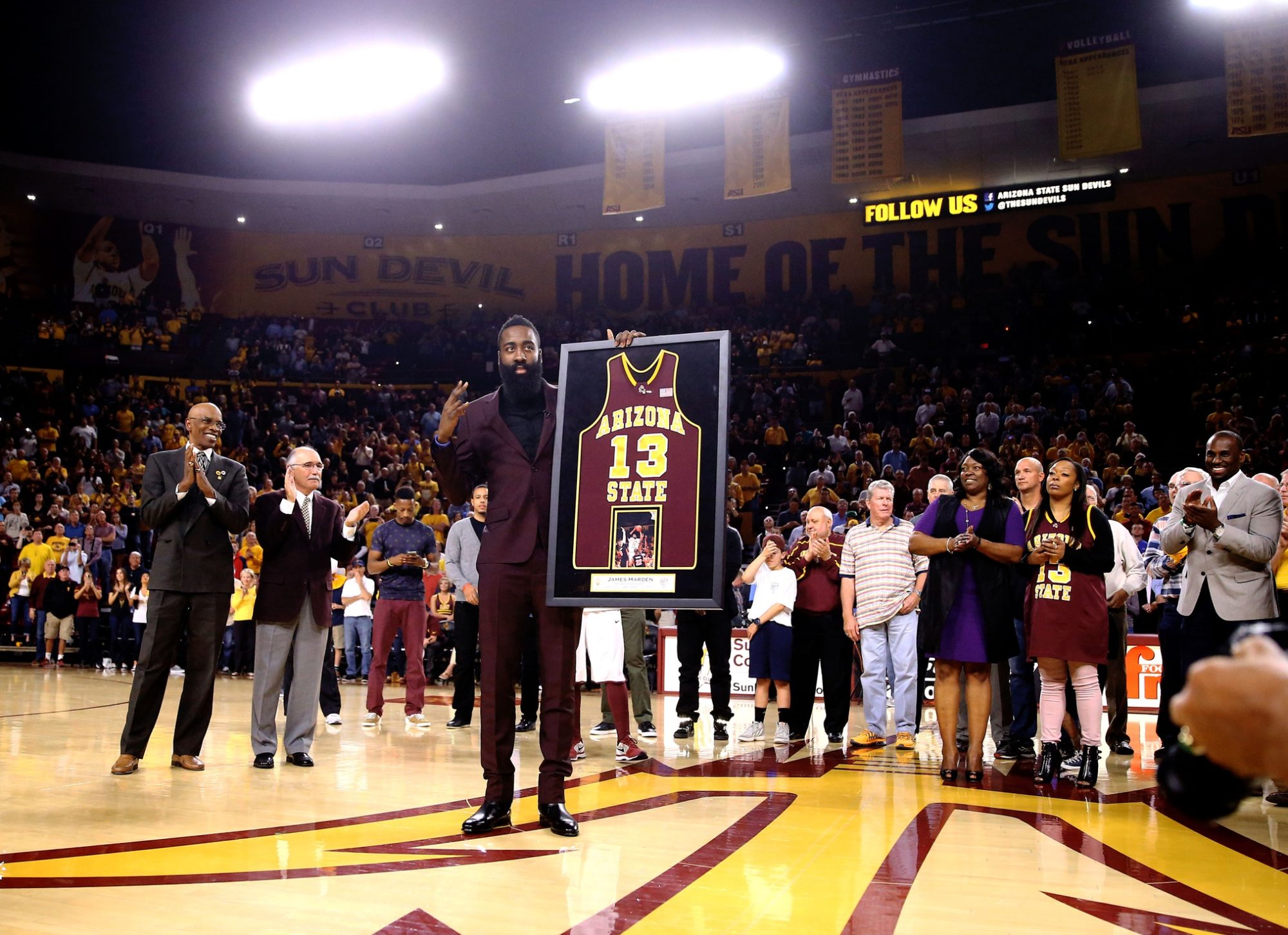 Feb 18, 2015; Tempe, AZ, USA; Arizona State Sun Devils former guard James Harden reacts as he has his number retired during a halftime ceremony against the UCLA Bruins at Wells-Fargo Arena.