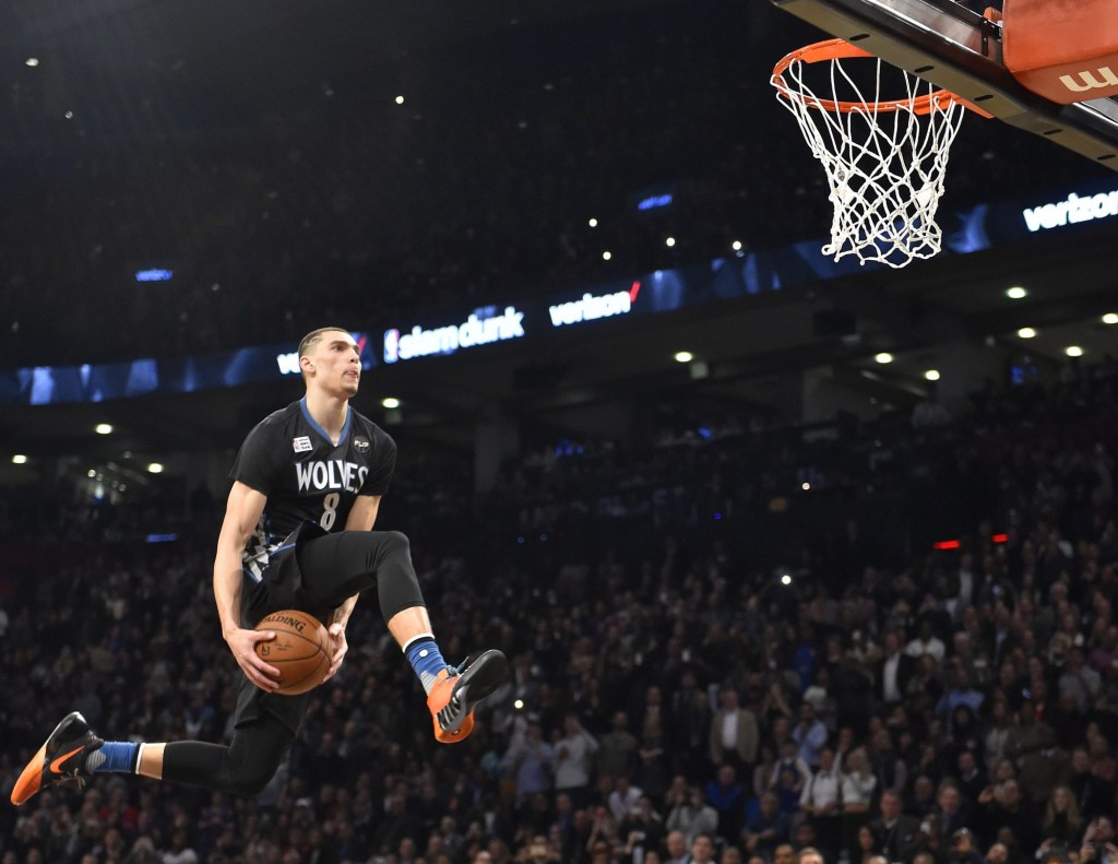 Feb 13, 2016; Toronto, Ontario, Canada; Minnesota Timberwolves guard Zach LaVine performs his last dunk in the dunk contest during the NBA All Star Saturday Night at Air Canada Centre.