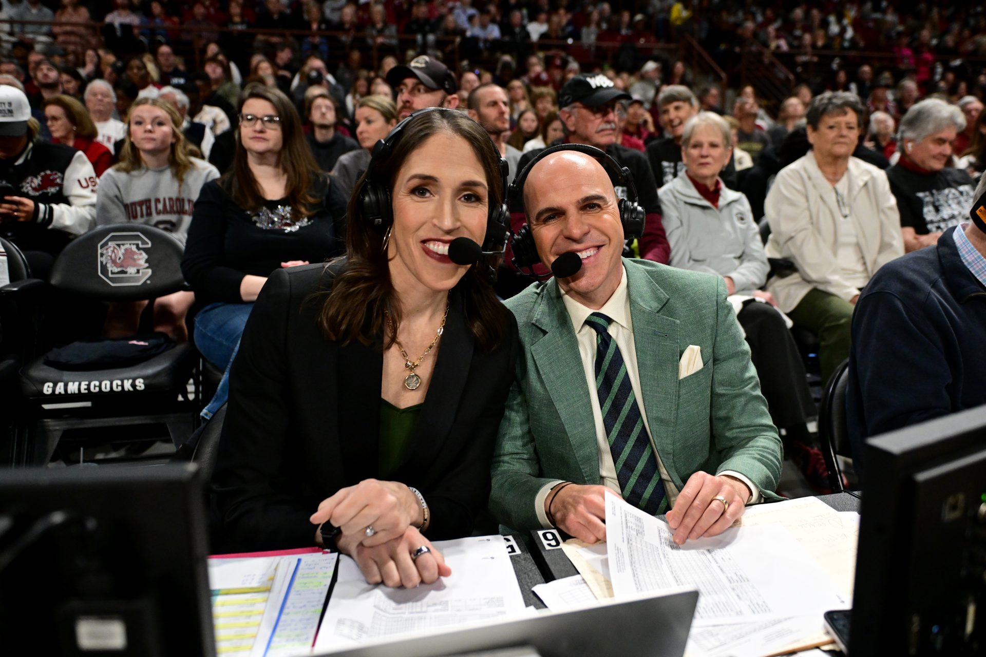 Columbia, SC - February 16, 2025 - Colonial Life Arena: Rebecca Lobo and Ryan Ruocco during a regular season game.