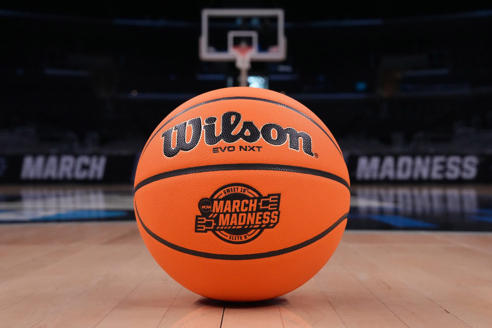 Mar 27, 2024; Los Angeles, CA, USA; A Wilson official Evo NXT game basketball with March Madness and Elite 8 and Sweet 16 logo at Crypto.com Arena.