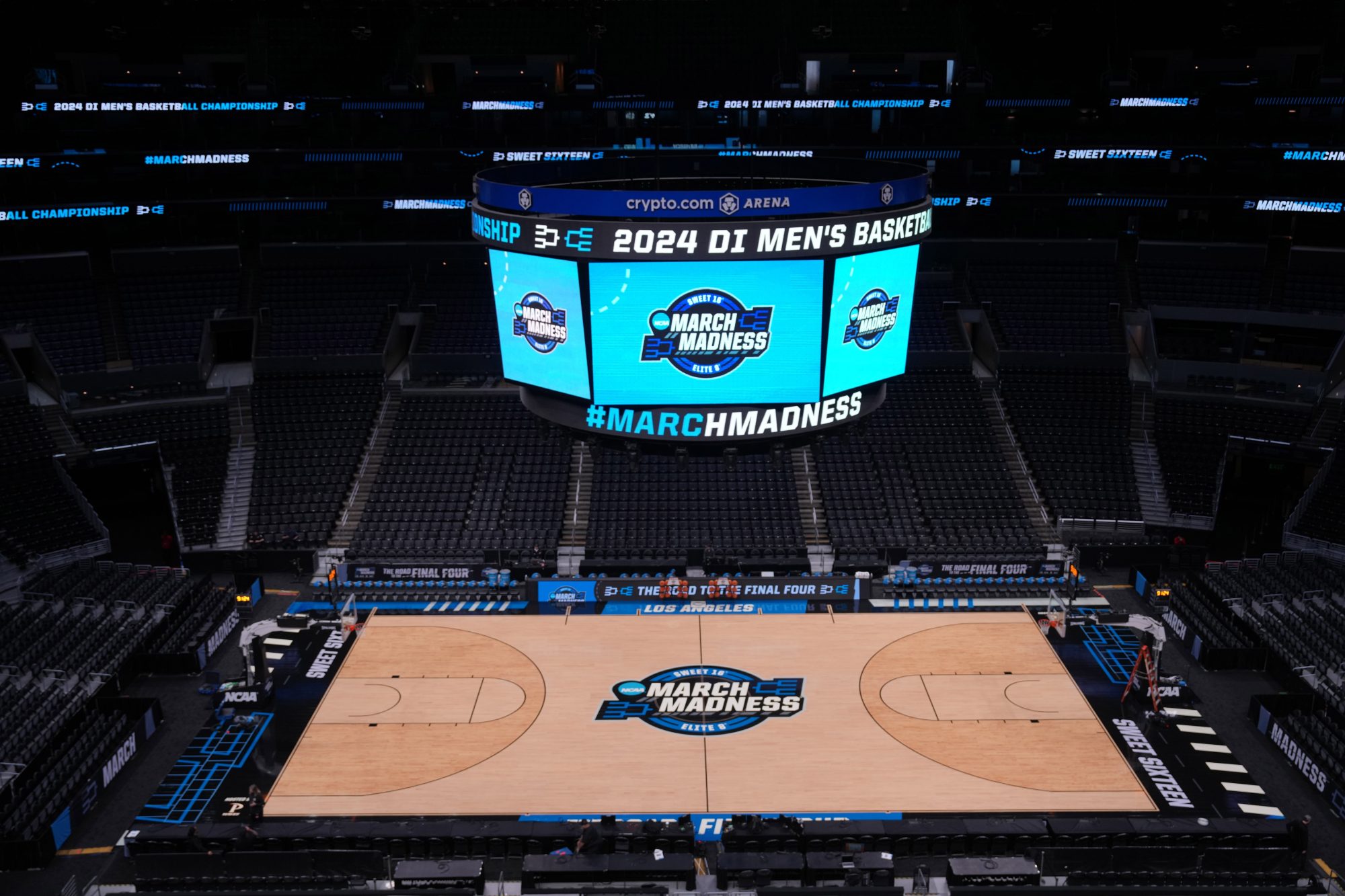 Mar 27, 2024; Los Angeles, CA, USA; A general overall view of the Crypto.com Arena with the March Madness Elite 8 and Sweet 16 logo at center court.