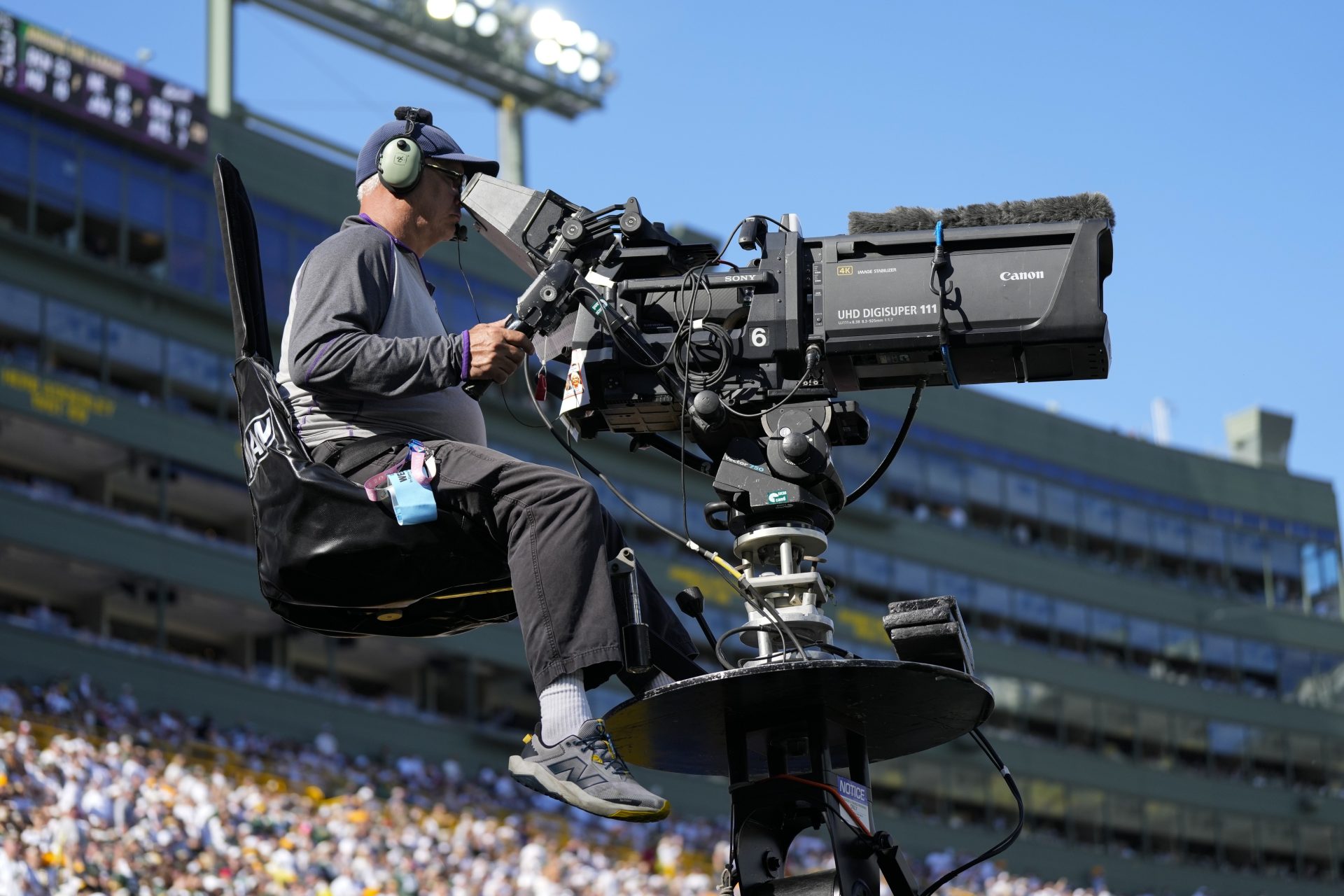 Oct 20, 2024; Green Bay, Wisconsin, USA; General view of a television camera operator during the game between the Houston Texans and Green Bay Packers at Lambeau Field.