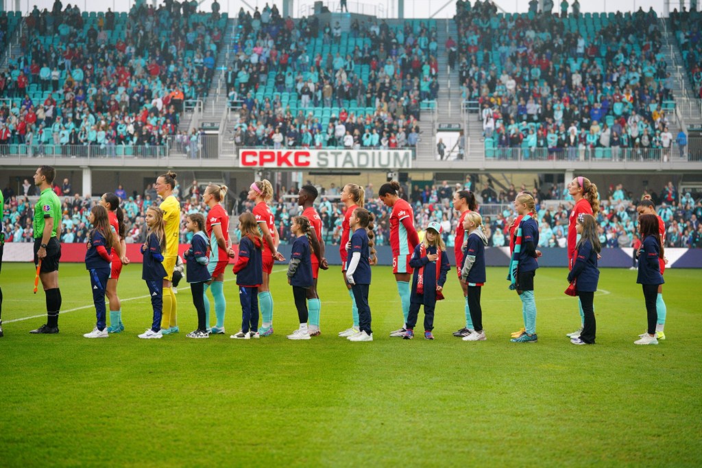 Nov 9, 2024; Kansas City, MO, USA; in a NWSL playoff match at CPKC Stadium.